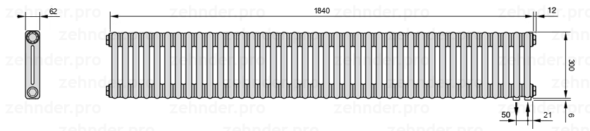 Схема (чертеж) Радиатор Zehnder Charleston 2030/40 №5510 Белый глянцевый RAL 9016